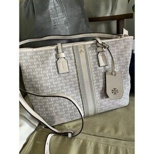 Tory Burch Ever-ready Off-White Gray Canvass Leather Tote Bag